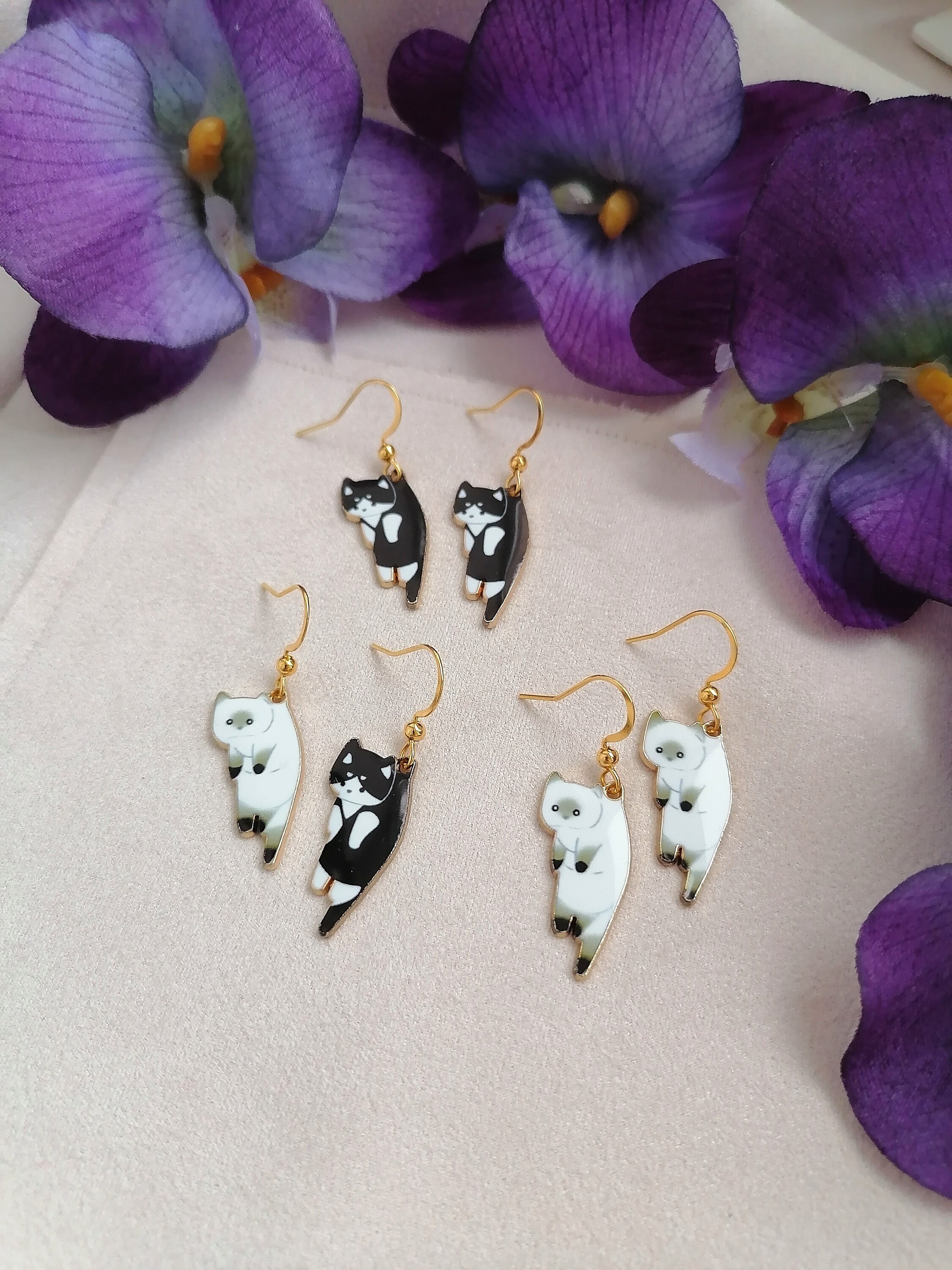 Funny earrings dangle Funny cat earrings Black cat earrings Etsy