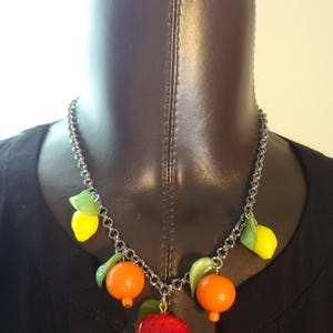 Fruit Charm Necklace with Chain, Lemons, Orange and Strawberry