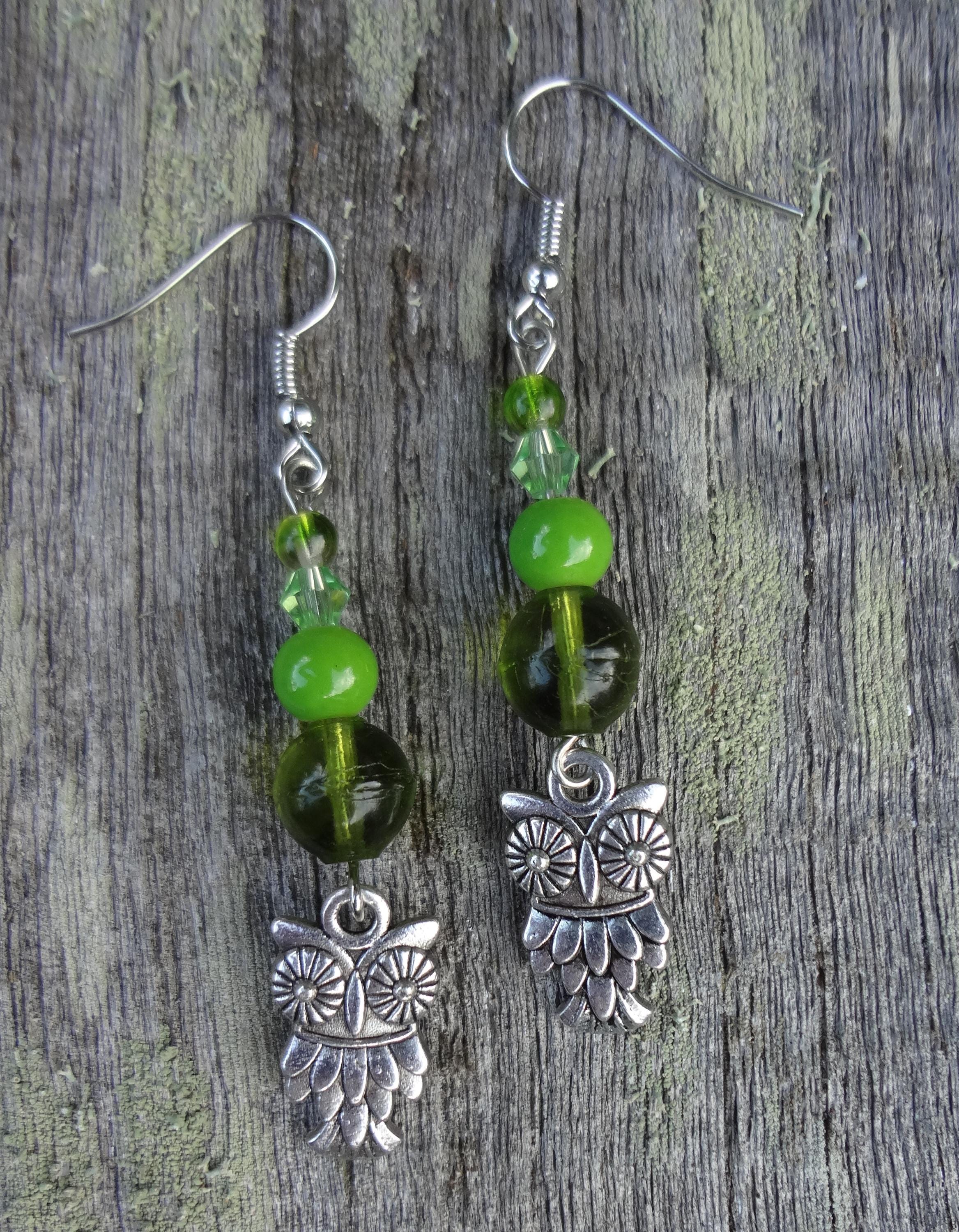 Silver Owl Charm Earrings with Green Glass Beads