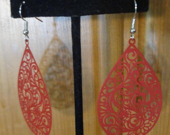 Red Filigree Teardrop Earrings, Iron Alloy, Lead & Nickel Free