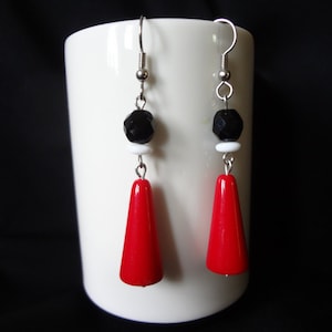 Italian Lucite Red Drop Earrings with a Single Black Crystal and White Glass Flat Bead