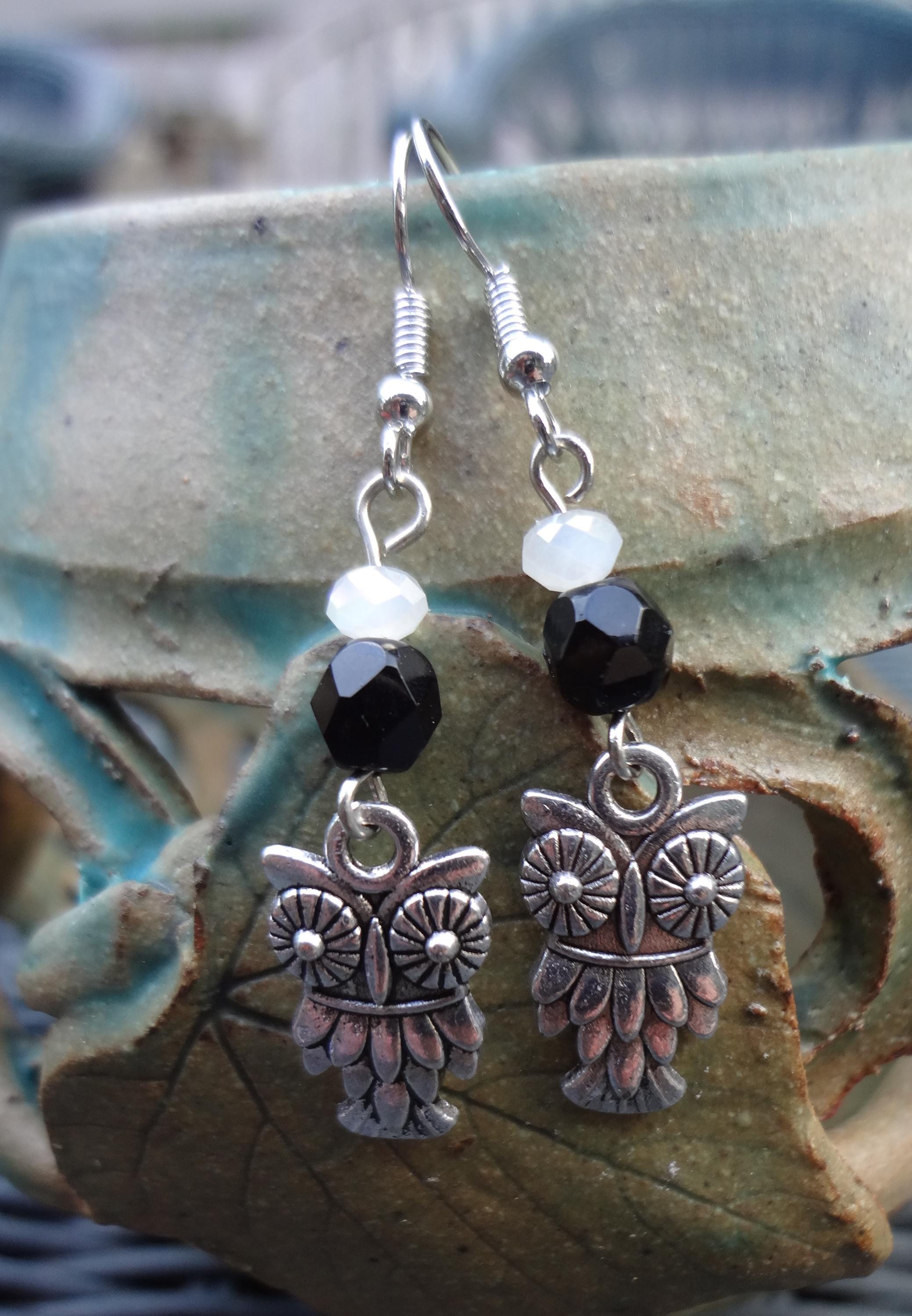 Owl Charm Earrings with Black Glass and White Crystal Beads
