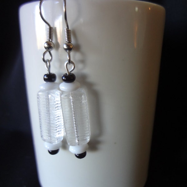 Earrings of Recycled Glass with Black and White Glass Beads