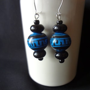 Folkloric Bead Earrings Peruvian Wooden Beads with Black Acrylic and Black Seed Beads