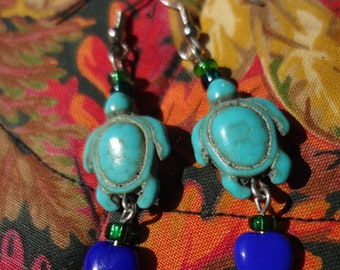 Turtle Earrings in Blue Howlite With Blue Glass Heart Beads and Glass Seed Beads, Turtle Jewelry