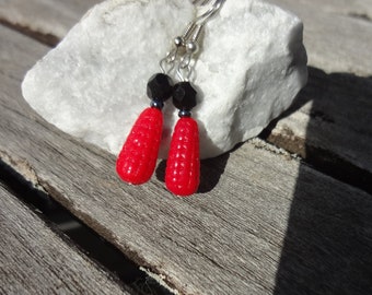 Earrings Handmade with Red and Black Glass Beads with and Small Blueish Gray Glass Seed Beads, Earrings