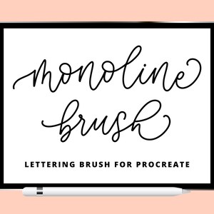 Puede incluir: Un iPad blanco con un borde negro que muestra el texto "monoline brush" en fuente cursiva negra. El texto "LETTERING BRUSH FOR PROCREATE" tambi&eacute;n se muestra en negro debajo del texto cursivo. Un Apple Pencil blanco est&aacute; sobre una superficie rosa frente al iPad.