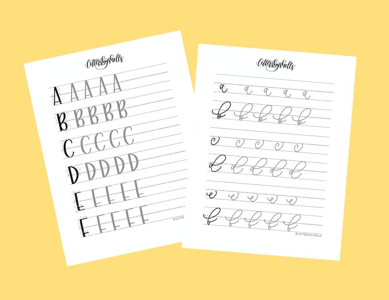 May include: Two printable worksheets for practicing cursive handwriting. The first sheet features uppercase letters A through F, with each letter repeated five times. The second sheet features lowercase letters a through f, with each letter repeated five times. Both sheets have the text "Letters by Shells" at the top.