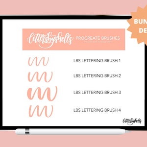 May include: A digital tablet screen displaying four different lettering brushes for the Procreate app. The brushes are shown as a series of 'M' letters in different styles. The text on the screen reads "Lettersbyshells Procreate Brushes". A starburst sticker with the text "Bundle Deal" is in the upper right corner of the image.