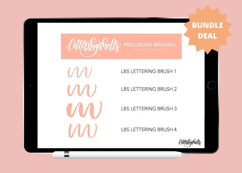May include: A digital tablet screen displaying four different lettering brushes for the Procreate app. The brushes are shown as a series of 'M' letters in different styles. The text on the screen reads "Lettersbyshells Procreate Brushes". A starburst sticker with the text "Bundle Deal" is in the upper right corner of the image.