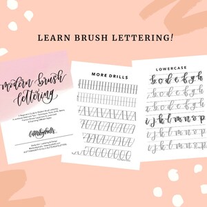 May include: A printable worksheet with instructions on how to learn modern brush lettering. The worksheet includes drills for practicing lowercase letters and basic brush strokes.
