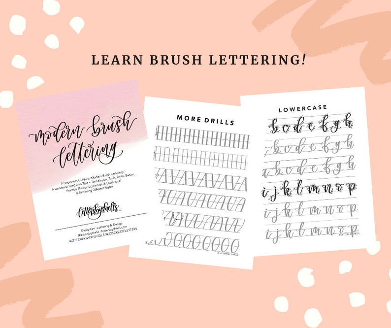 May include: A printable worksheet with instructions on how to learn modern brush lettering. The worksheet includes drills for practicing lowercase letters and basic brush strokes.