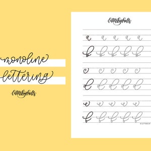 May include: A printable worksheet for practicing monoline lettering. The worksheet features the letters a, b, c, d, and e with dotted lines to guide the user.