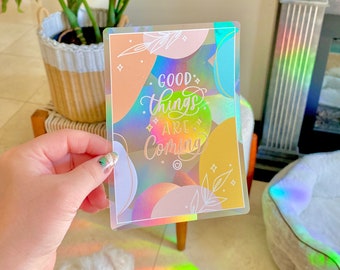 Rainbow Making Suncatcher Window Decal - Good Things are Coming :) - Hand Lettering - Suncatcher Sticker - Window Sticker - Decal Window