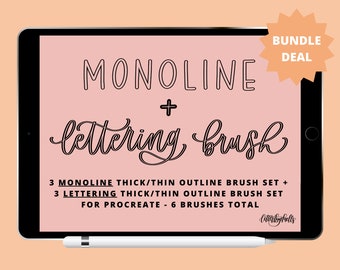 Procreate Monoline + Lettering Outline Brush Set | 6 Procreate Brushes | Procreate Bundle Deal | Procreate Lettering | iPad Brushes