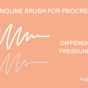 Puede incluir: Una ilustraci&oacute;n digital que muestra c&oacute;mo un pincel monoline para la aplicaci&oacute;n Procreate crea diferentes anchos de l&iacute;nea en funci&oacute;n de la presi&oacute;n aplicada. El texto "MONOLINE BRUSH FOR PROCREATE" y "DIFFERENT PRESSURES" est&aacute; incluido en la imagen.