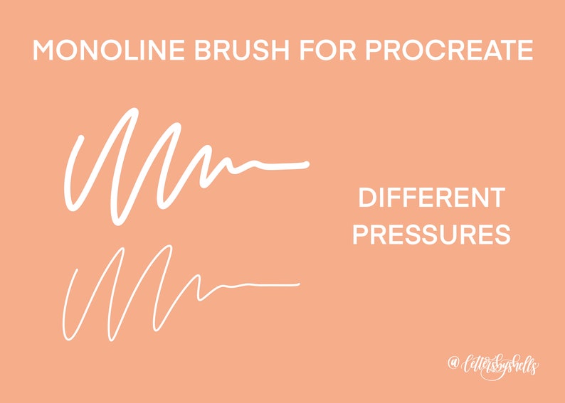 Puede incluir: Una ilustraci&oacute;n digital que muestra c&oacute;mo un pincel monoline para la aplicaci&oacute;n Procreate crea diferentes anchos de l&iacute;nea en funci&oacute;n de la presi&oacute;n aplicada. El texto "MONOLINE BRUSH FOR PROCREATE" y "DIFFERENT PRESSURES" est&aacute; incluido en la imagen.