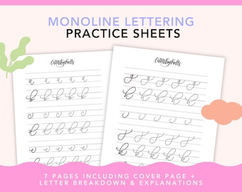 Lettres monolignes, calligraphie pour débutant, entraînement au lettrage à la main, feuilles à téléchargement numérique, guide de lettrage au pinceau