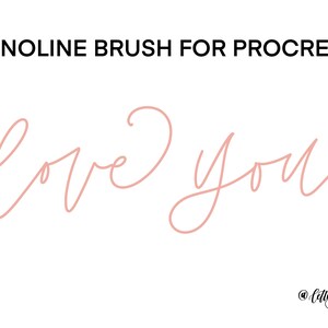 Puede incluir: Un pincel digital para la aplicaci&oacute;n Procreate, que se muestra en uso para crear una escritura manuscrita de las palabras "love you" en color rosa claro.