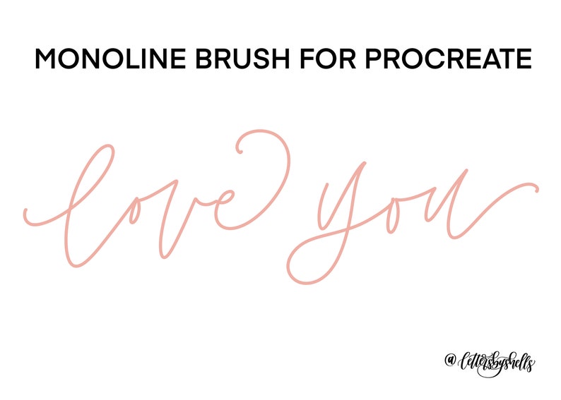 Puede incluir: Un pincel digital para la aplicaci&oacute;n Procreate, que se muestra en uso para crear una escritura manuscrita de las palabras "love you" en color rosa claro.