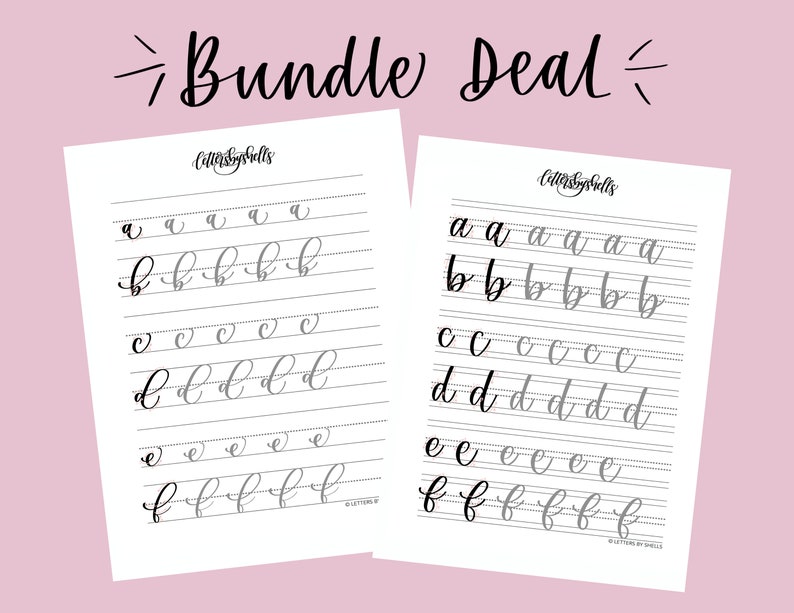 May include: Two printable worksheets for practicing cursive handwriting. The worksheets feature the letters a, b, c, d, e, and f in cursive script. Each letter is repeated multiple times on each worksheet. The worksheets are titled "Letters & Shells".