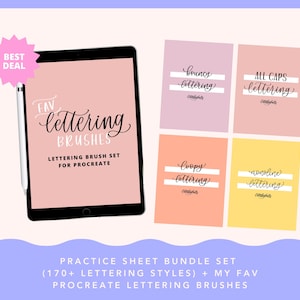 May include: A digital illustration of a tablet screen displaying a set of lettering brushes for the Procreate app. The tablet is surrounded by five colorful squares, each with a different lettering style: bouncy, all caps, loopy, and nooline. The text "BEST DEAL" is displayed on a pink star shape.