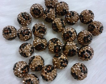 Disco Ball Pave Beads Round Disco Ball Beads 1 Piece 10mm and or 12 mm Leopard Print Clay Czech Crystal Rhinestones Beads