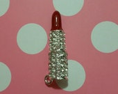 1 Pc Dark Red Lipstick Rhinestones Alloy Metal Charms Bright Silver Tone 44x11mm
