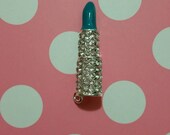 1 Pc Teal Blue Lipstick Rhinestones Alloy Metal Charms Bright Silver Tone 44x11mm