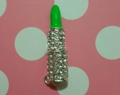 1 Pc Green Lipstick Rhinestones Alloy Metal Charms Bright Silver Tone 44x11mm