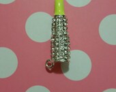 1 Pc Yellow Lipstick Rhinestones Alloy Metal Charms Bright Silver Tone 44x11mm