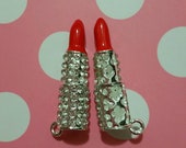 1 Pc Red Lipstick Rhinestones Alloy Metal Charms Bright Silver Tone 44x11mm