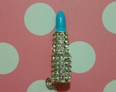 1 Pc Light Blue Lipstick Rhinestones Alloy Metal Charms Bright Silver Tone 44x11mm