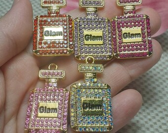 1 Medium Size Pretty Alloy "Glam" Gold Tone Base Perfume Bottle Charm Pendant, Bling Bottle Charms Pendants, 33×18mm Keelaubeadz