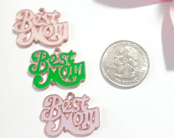 1 Alloy Rose Gold Tone Base 'Best Mom' Script Word Charms Pendants, 'Best Mom' Charms, 'Best Mom' Pendants, 20×27mm, Keelaubeadz