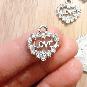 6 Pcs/Set Bling Small Pretty Heart Charms with &quot;LOVE&quot; Word, Love Charms, Alloy Heart Charms with Rhinestones, Light Gold Tone, 18×16.5mm