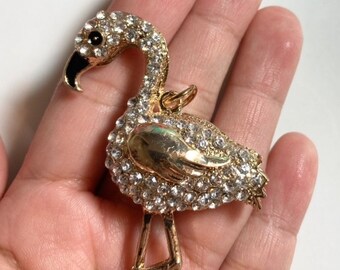 1 Extra Extra Large Hollow Alloy Flamingo Pendants with Clear Rhinestones, Gold Tone, 66x46 Keelaubeadz