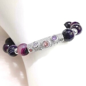 With Gift Box (Single) Size 7&quot; Beautiful 10mm Purple Faceted Agate Bead Bracelet with Silver Tone Accents, Stretch Beaded Bracelet for Women