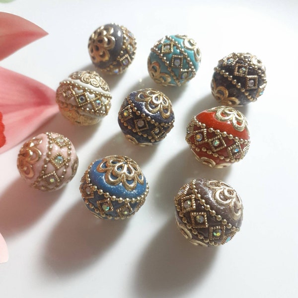 1 Beautiful Handmade Indonesian Beads with Alloy and Iron Findings and Rhinestones, Ethnic Beads,Focal Beads, 19~20×21mm,1.8mm Hole