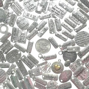 12 Pcs/Set Grade B Antique Silver Tone Mixed Random Words Tag Charms Pendants, Survivor Charm, Inspire Charm, Hope Charms, Blessed Charm,etc