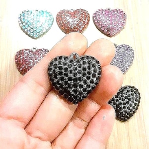 1 Gunmetal Black Tone Alloy Rhinestones Bling Heart Charms Pendants, 25x28mm Keelaubeadz