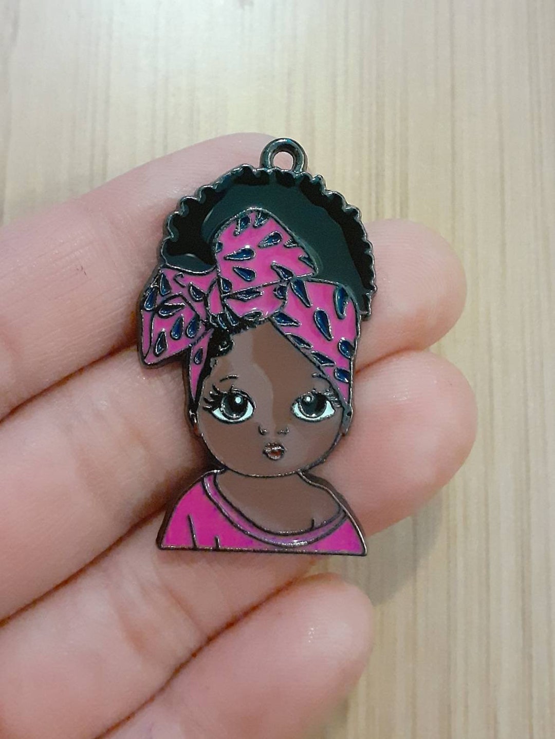 1 Little Black Girl Charms, Girl Charms With Pink Headband, Girl Charms