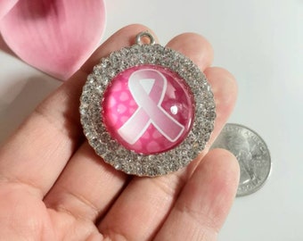 1 Piece Beautiful Pink Ribbon Charm Pendant, Two Rows Rhinestone Glass Tray Pendant, Breast Cancer Awareness Charms, 25mm Inner Size Image