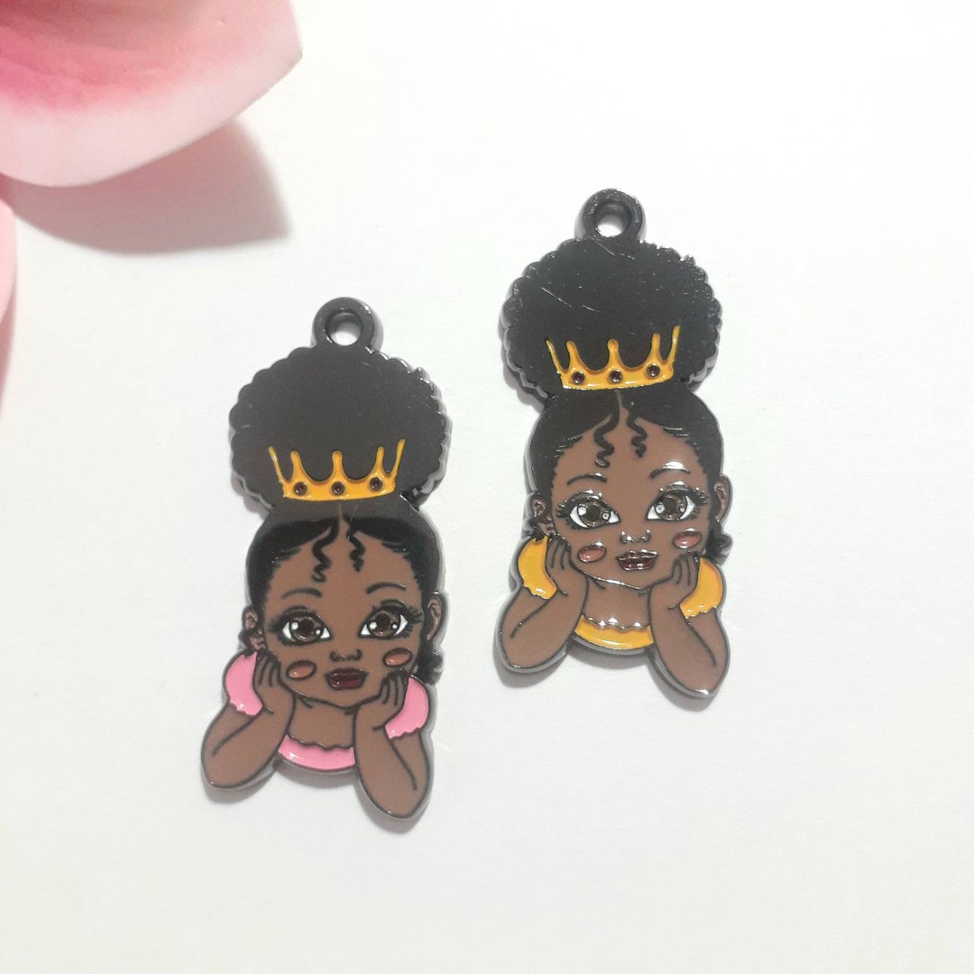 1 Cute Little Black Girl Charms, Girl Charms With Yellow Crown, Girl