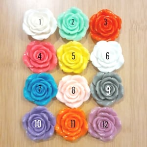 May include: Twelve different colored resin rose flower embellishments. The roses are arranged in four rows of three. The roses are numbered 1 through 12.