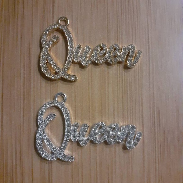 1 Large Beautiful Alloy "Queen" Word Charm Pendant with Clear Color Rhinestones, Gold Tone and Bright Silver Tone, 33×42mm Keelaubeadz