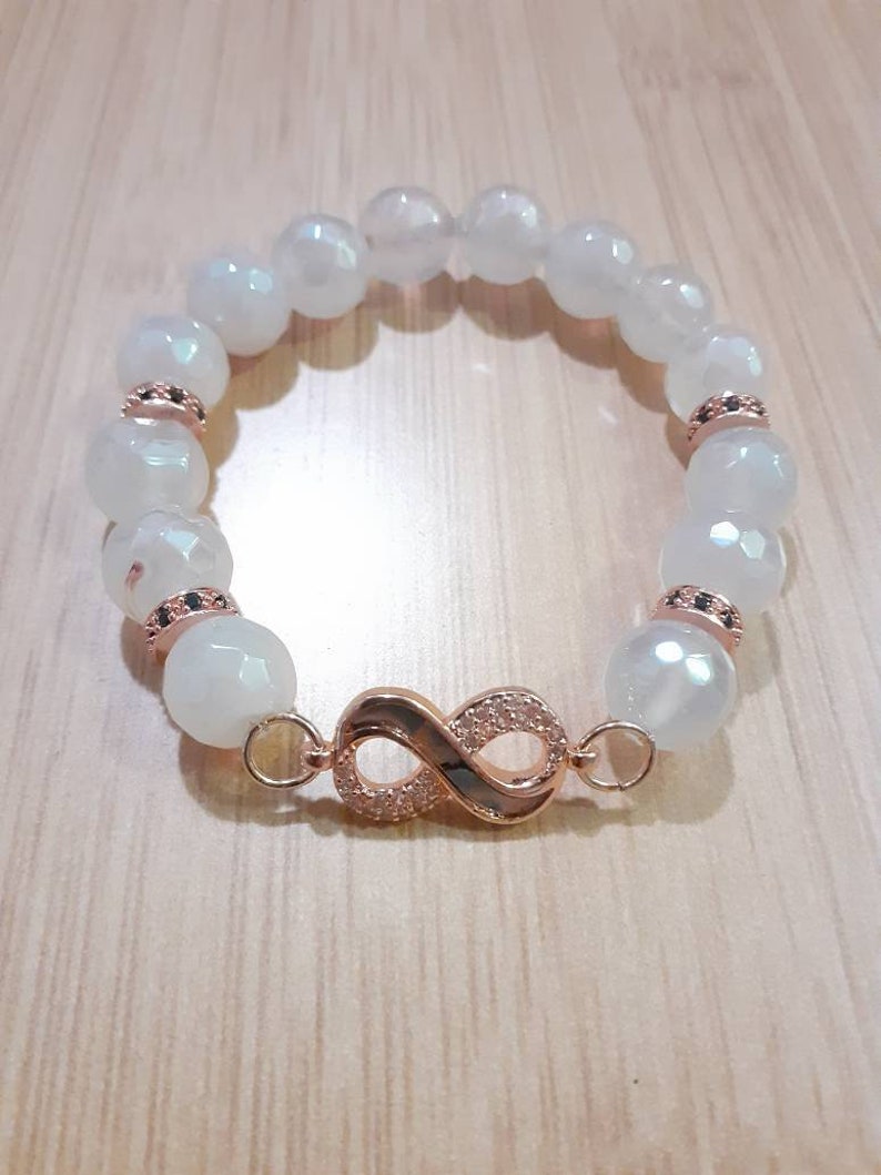 Single Size 6.5 Beautiful 10mm White Faceted Electroplated Agate Beads Bracelet with Rose Gold Accents Beaded Bracelet for Women 1