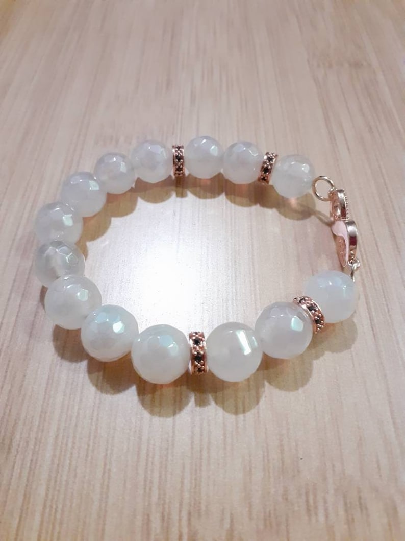 Single Size 6.5 Beautiful 10mm White Faceted Electroplated Agate Beads Bracelet with Rose Gold Accents Beaded Bracelet for Women 1