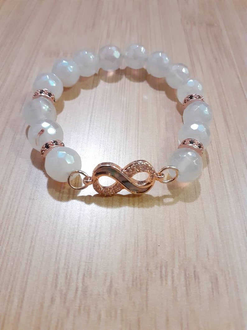 Single Size 6.5 Beautiful 10mm White Faceted Electroplated Agate Beads Bracelet with Rose Gold Accents Beaded Bracelet for Women 1