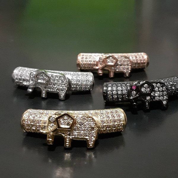 1 HQ Beautiful Elephant Design Brass Micro Pave Cubic Zirconia Bracelet Tube Connectors Spacers Column Beads, 9×28mm Keelaubeadz